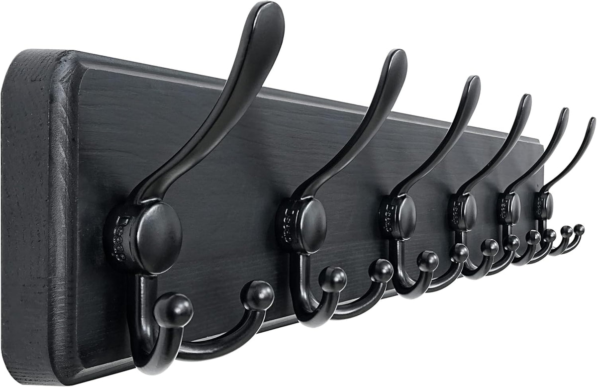 Coat Rack Wall Mounted - 24" Long 6 Tri Hooks, Heavy Duty Wooden Wall