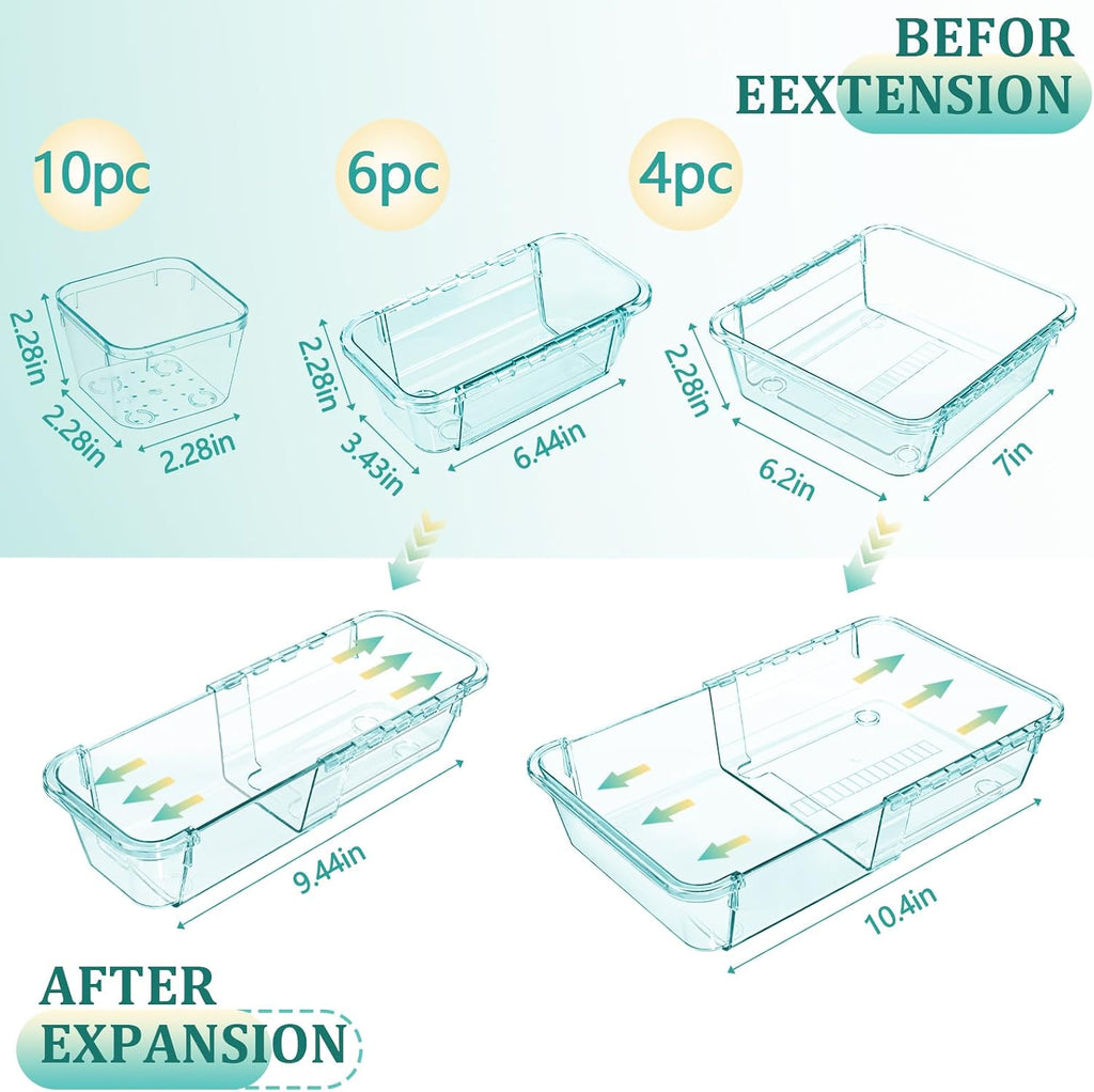 20 Pcs Adjustable Clear Drawer Organizer, Extendable Vanity Storage