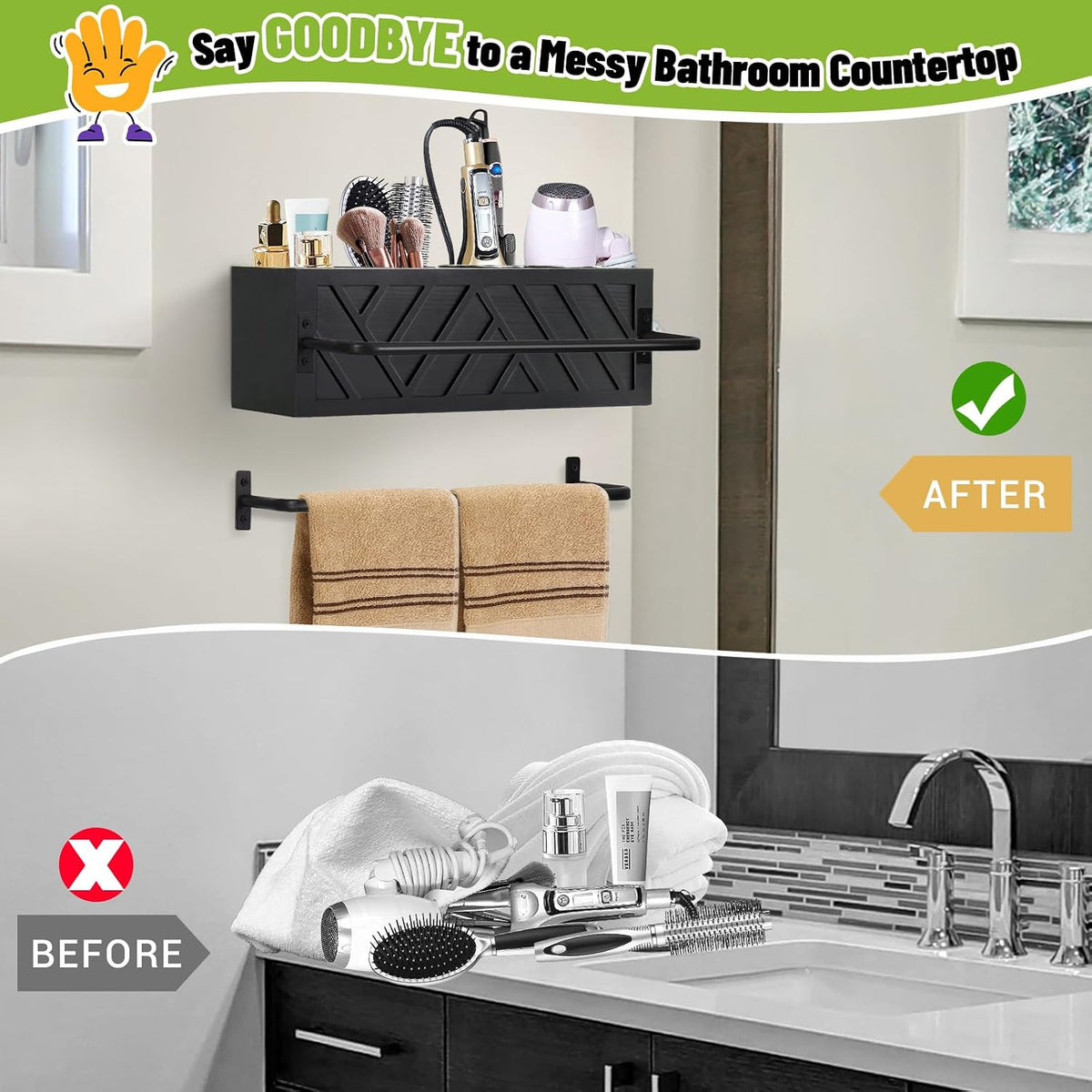 Hair Tool Organizer Wall Mount With 2 Towel Bars, Wood Hot Tools