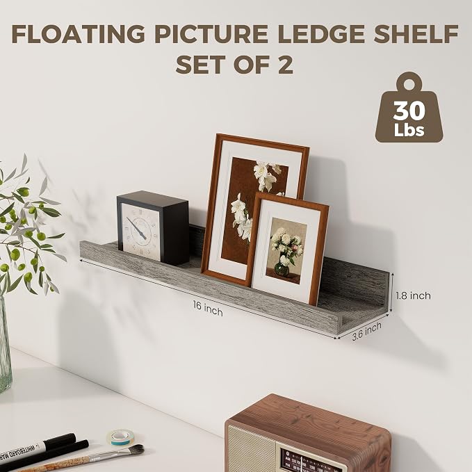 Axeman Floating Shelves for Wall | Picture Ledge Shelf Set of 2 | Rustic Grey - Image 3