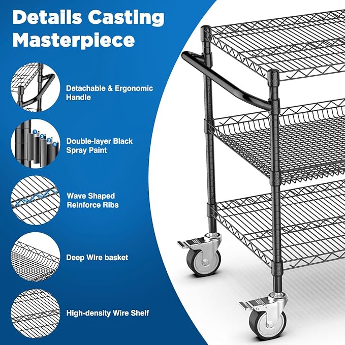 Leteuke 1120LBS Heavy Duty Rolling Utility Cart, 3 Tier Rolling Carts - Image 3