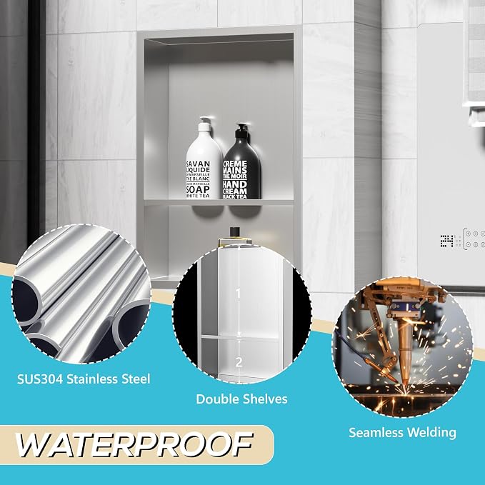 Stainless Steel Shower Niche 18" X 12", No Tile Needed Wall Niche Double Shelves - Image 5