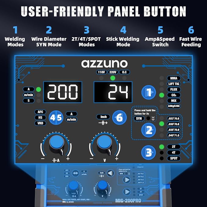 AZZUNO MIG Welder 110V/220V, 200A 8 in 1 Welder Machine Flux Core MIG/Gas - Image 3