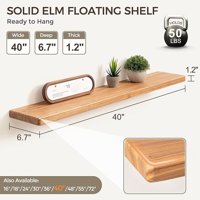 Fun Memories Rustic Elm Wood Floating Shelves, Wooden Wall Shelves 40 Inch Long - Image 3