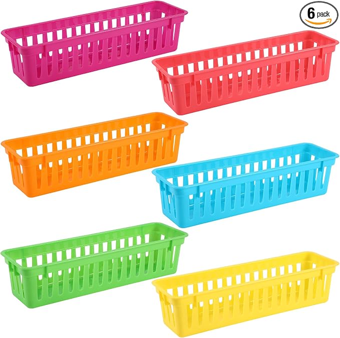 6 Pcs Colorful Slim Plastic Storage Baskets Tray 10 x 3 x 2.5 Inch Compact by Unknown