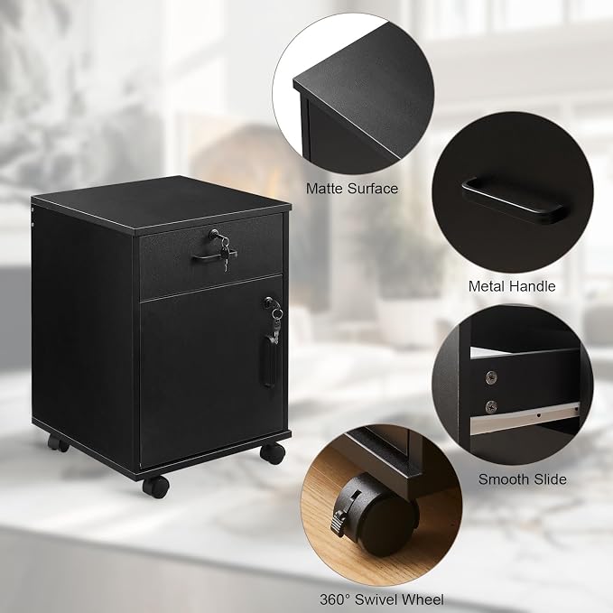 File Cabinet with Lock and Drawer, Mobile Under Desk Storage Cabinet with 360° - Image 7