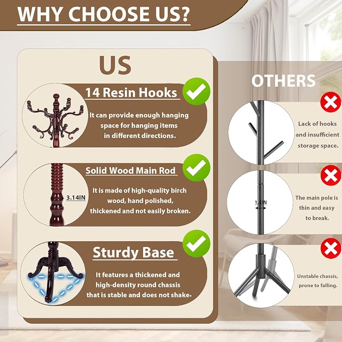 Solid Wooden Coat Rack Stand, Coat Racks Freestanding - Image 3