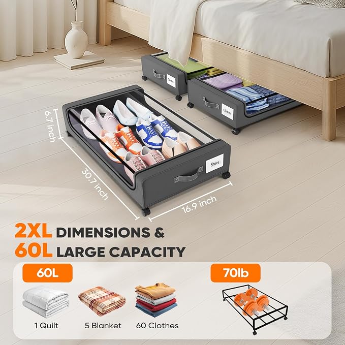 Camkey® Under Bed Storage with 360° Wheels, 60L Low-Profile Rolling Underbed - Image 2