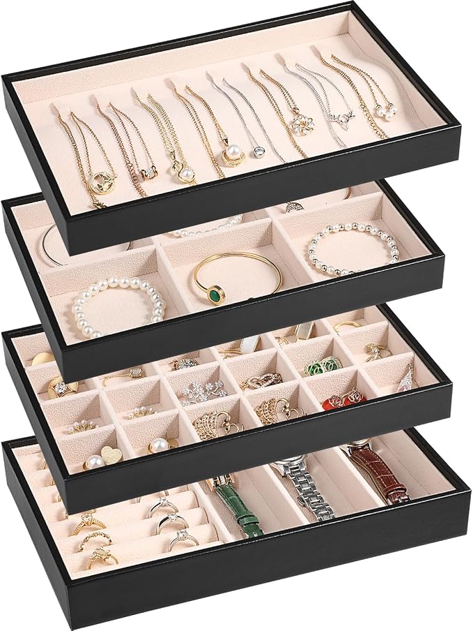 LANDICI Stackable Jewelry Organizer Trays 4 Set, PU Leather Jewelry Organizer by LANDICI