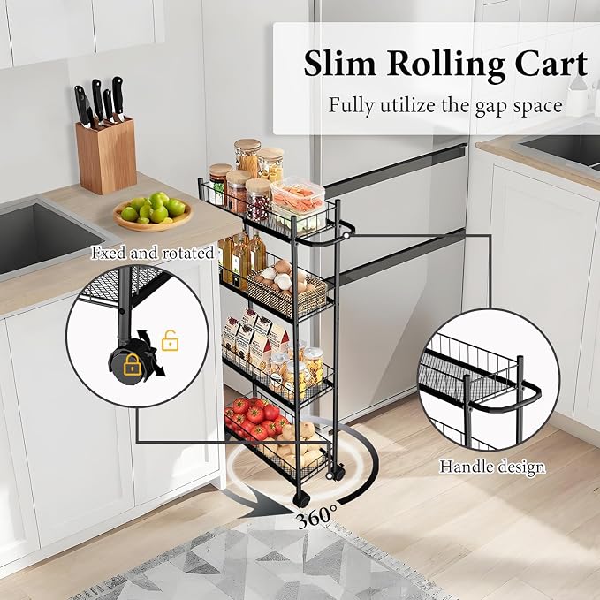 Utility Slim Storage Cart, 4-Tier Storage Cart, Narrow Cart - Image 3
