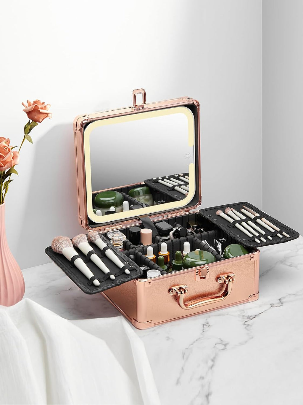 Makeup Box with Detachable Magnetic LED Mirror, Travel Train Case