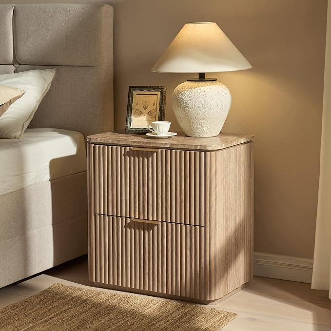 Fluted Nightstand with 2 Drawers, Bedside Table with Faux Marble-Top, - Image 6