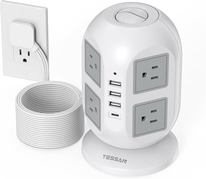 Tower Surge Protector Power Strip 15 ft, TESSAN Long Flat Extension Cord by TESSAN