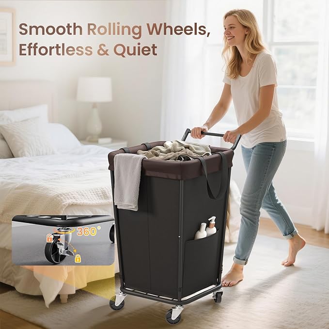 160L Laundry Hamper with Wheels and Handle, 2-Section Rolling Hamper - Image 3
