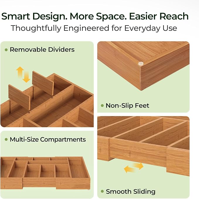 Carbonized Bamboo Kitchen Drawer Organizer, 10 Slots Expandable Silverware - Image 6