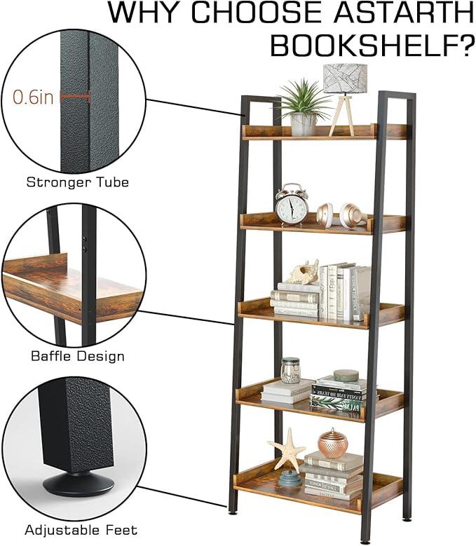 ASTARTH Ladder Shelf-5 Tier Bookshelves w/Open Shelf - Image 6