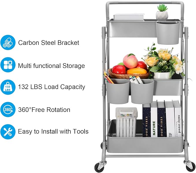 Foldable 3 Tier Metal Utility Rolling Cart, Folding Mobile Multi-Function - Image 3