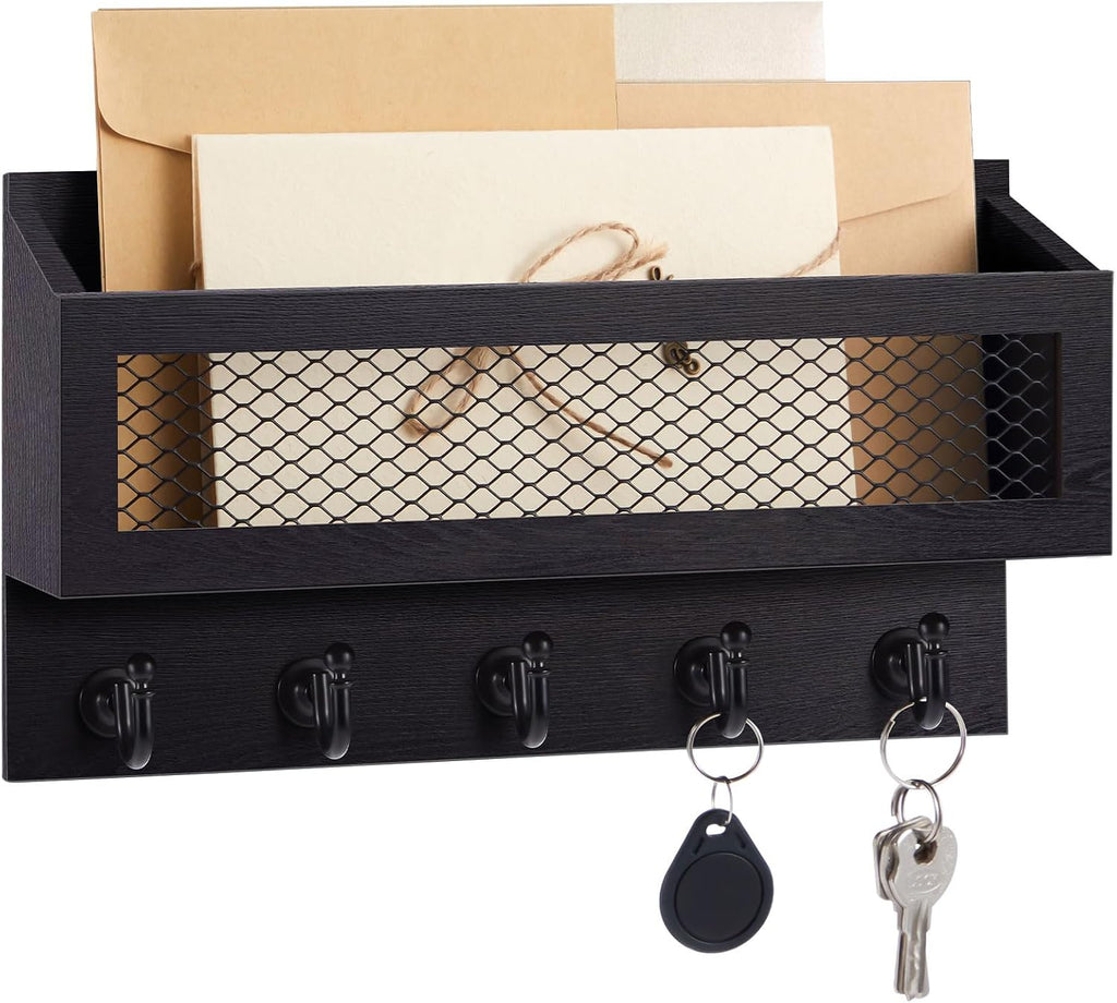 Magnetic Mail and Key Holder with 5 Hooks, Classic Style, Black