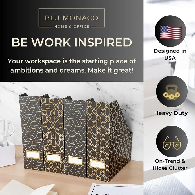 BLU MONACO | Set of 4 Black & Gold Geometric Magazine File Holders - Image 2