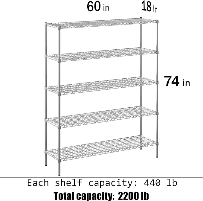 18" Deep x 60" Wide x 74" Height Wire Shelving Kit | 5-Tier | NSF Commercial - Image 3