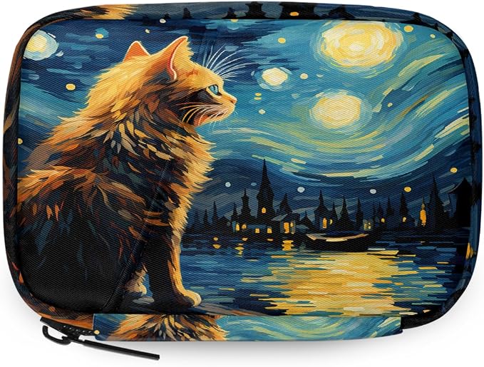 Oil Painting Starry Sky Cat Pill Organizer Travel Medicine Case by Unknown