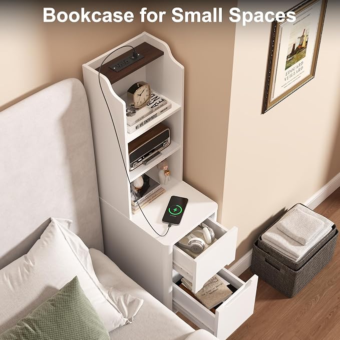 Tall Nightstand with Charging Station, Narrow Side Table with Bookshelf - Image 4