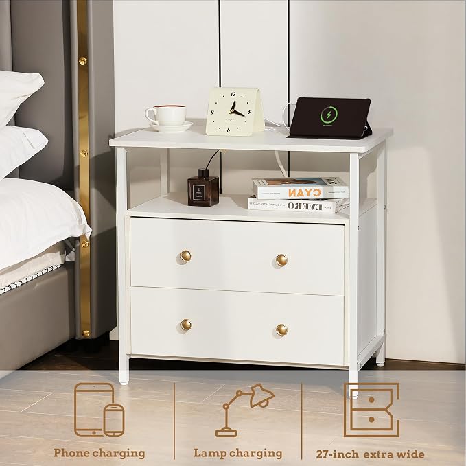 27 inch Wide Night Stand with Charging Station, Bedside Table with Open Shelf - Image 4