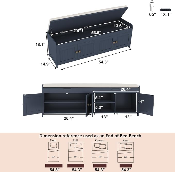 HOMEFORT 54.4" Shoe Bench with Lift Top Storage, Entryway Bench with Cushioned - Image 3