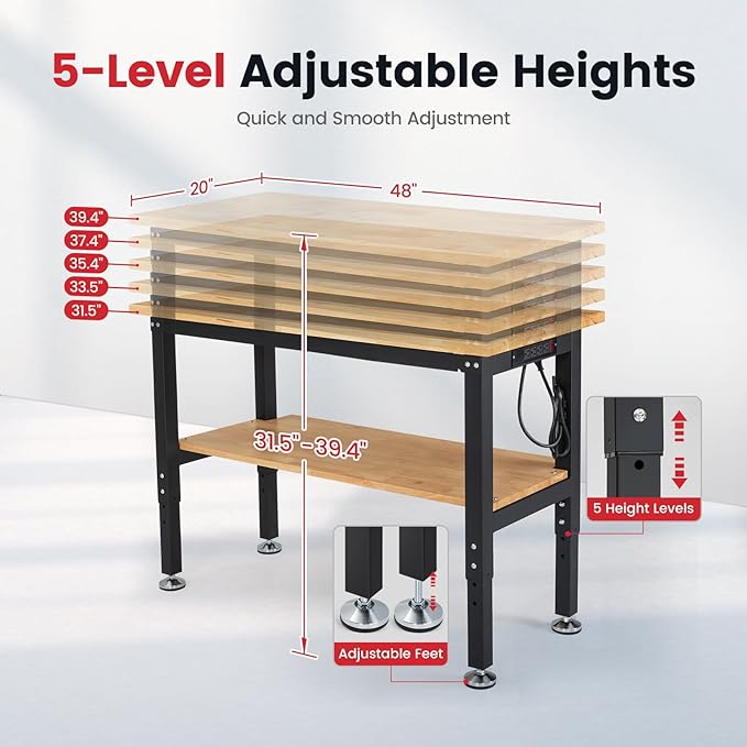48 Inch Work Table for Garage Adjustable Height Rubber Wood Tabletop Workbench - Image 7