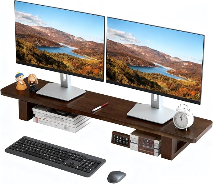 Dual Monitor Stand Riser, 47Inch Solid Wood Desktop Organizer by SANHESHUN