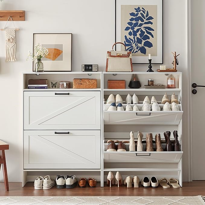 Shoe Storage Cabinet with 2 Flip Drawers, Farmhouse Narrow Shoe Organizer with - Image 5