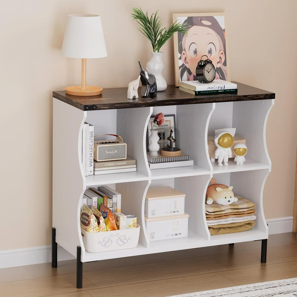 6 Cube Low and Short Book Shelf, White with Dark Brown Top