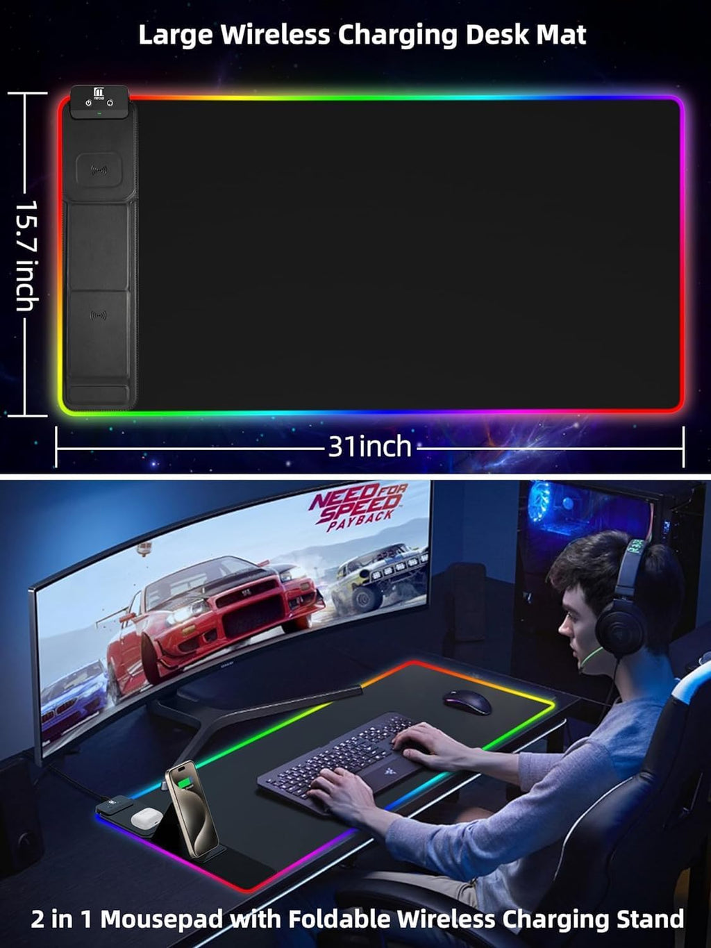 XXL Mouse Pad with Phone Holder - Black, RGB Desk Mat with 15W Fast