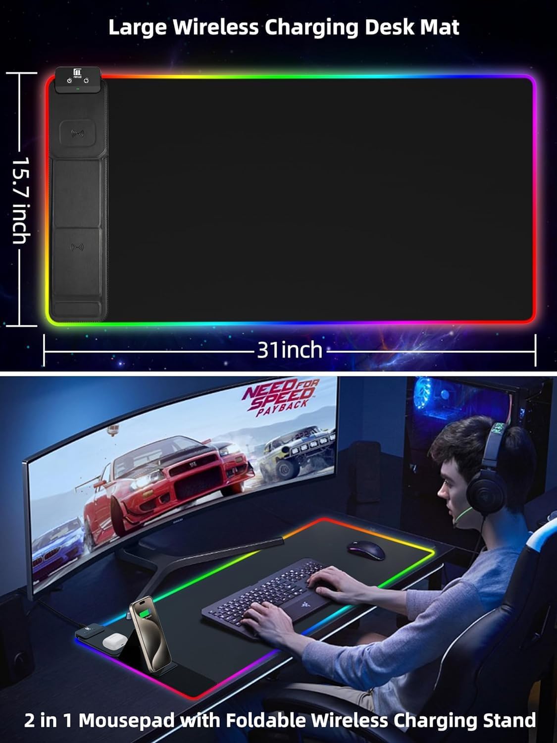 XXL Mouse Pad with Phone Holder - Black, RGB Desk Mat with 15W Fast