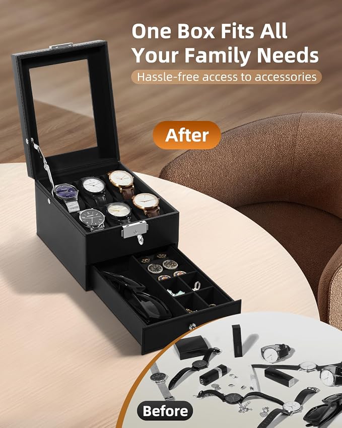 Uten 6-Slot Watch Box, 2-Layers PU Leather Watch Case - Image 3