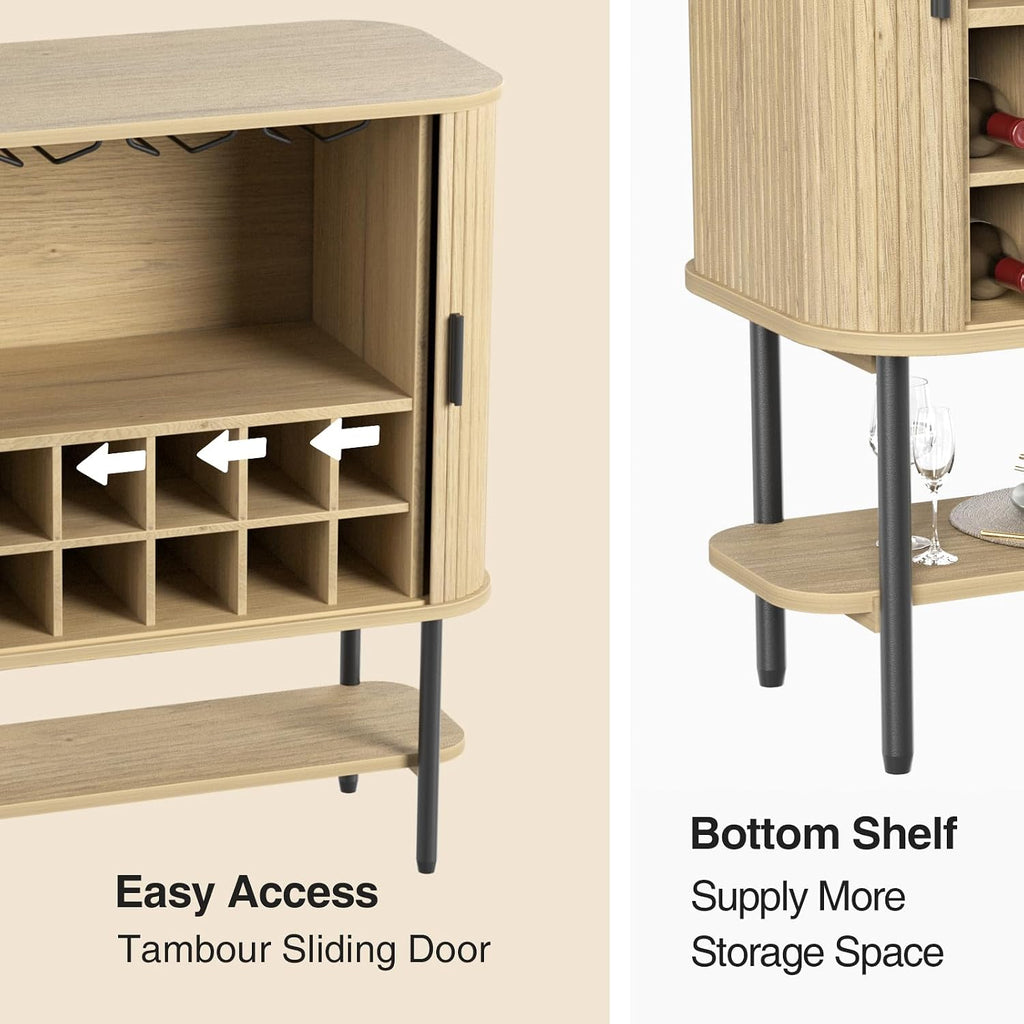 Coffee Bar Cabinet with Storage, Fluted Wine Cabinet with Sliding