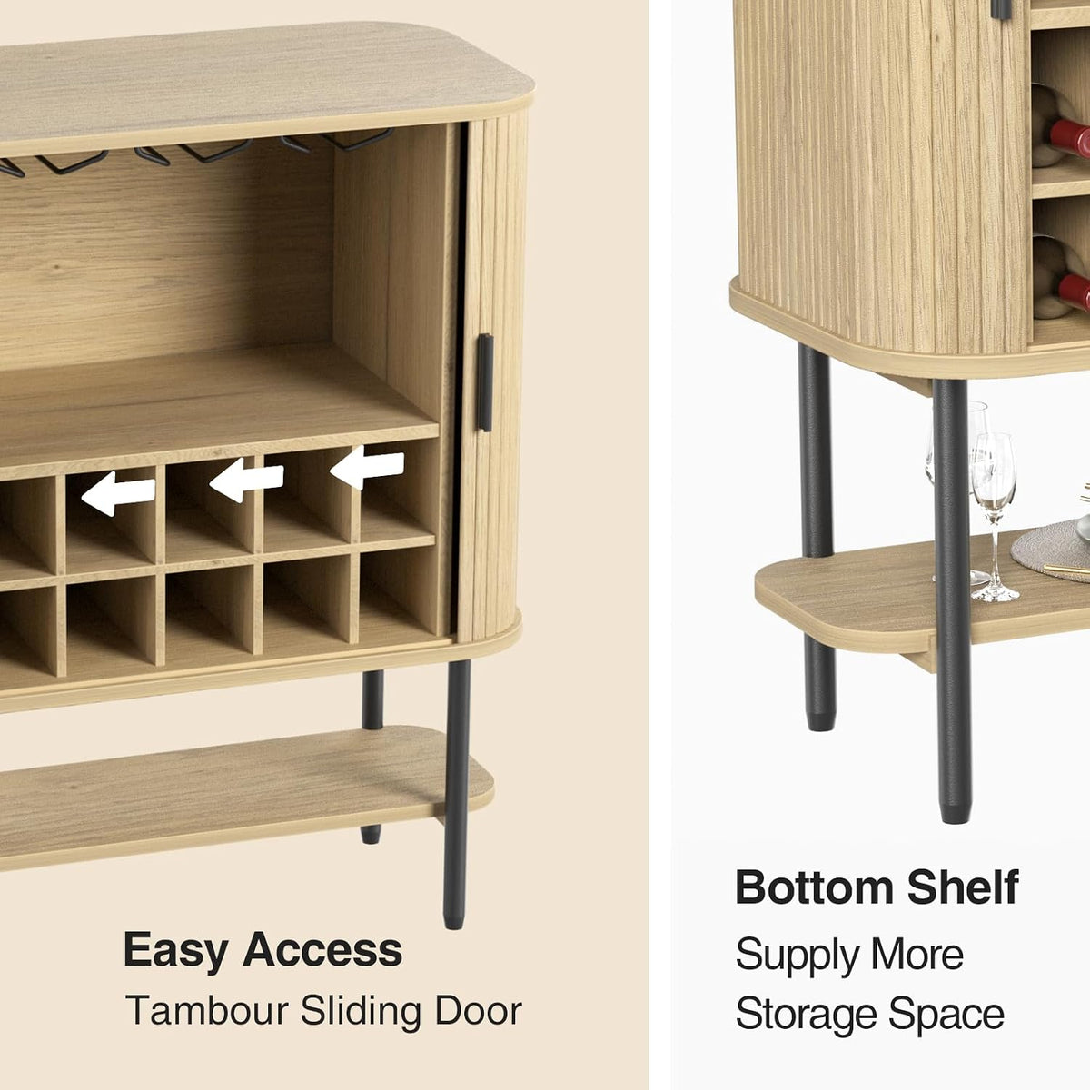 Coffee Bar Cabinet with Storage, Fluted Wine Cabinet with Sliding