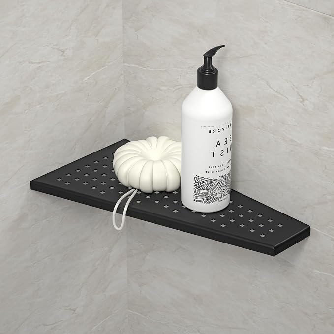 Corner Shower Shelf, Matte Black 12" Trapezoid Grout in Shampoo Shelf, 304 by Bernkot
