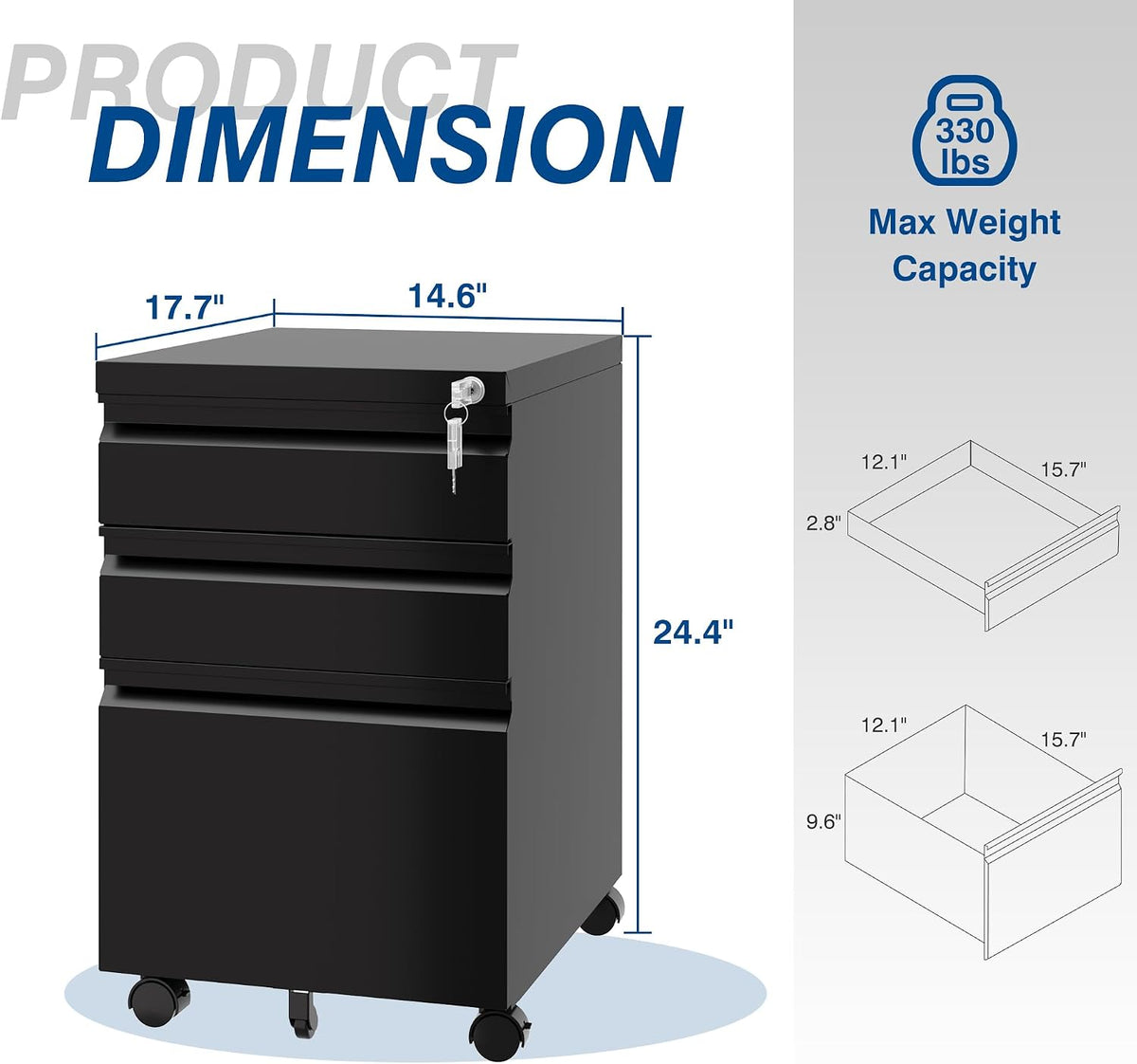 3 Drawer Vertical File Cabinet, Black Mobile Filling Cabinet with Lock