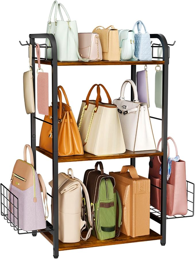 Iron & Wood Floor-Standing 3-Tier Purse Rack by HOOBRO