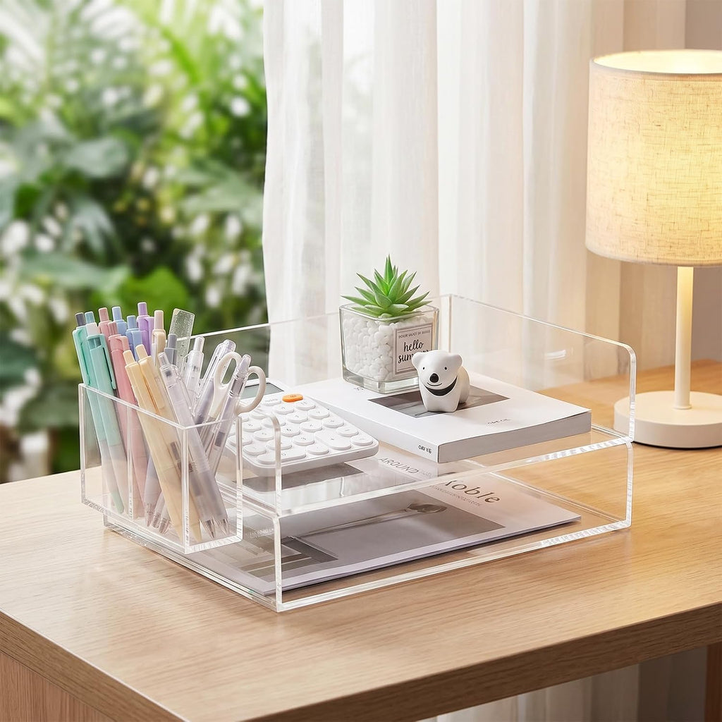 Acrylic Paper Tray Organizer for Desk, 2 Pack Clear with Pen Holder
