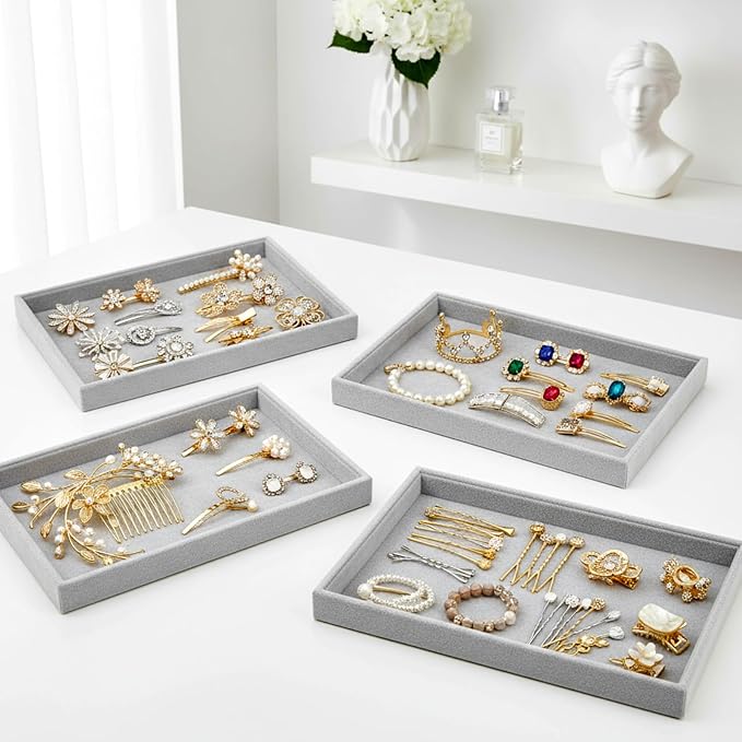 4 Pack Gray Velvet Stackable Jewelry Tray Showcase Display - Image 6