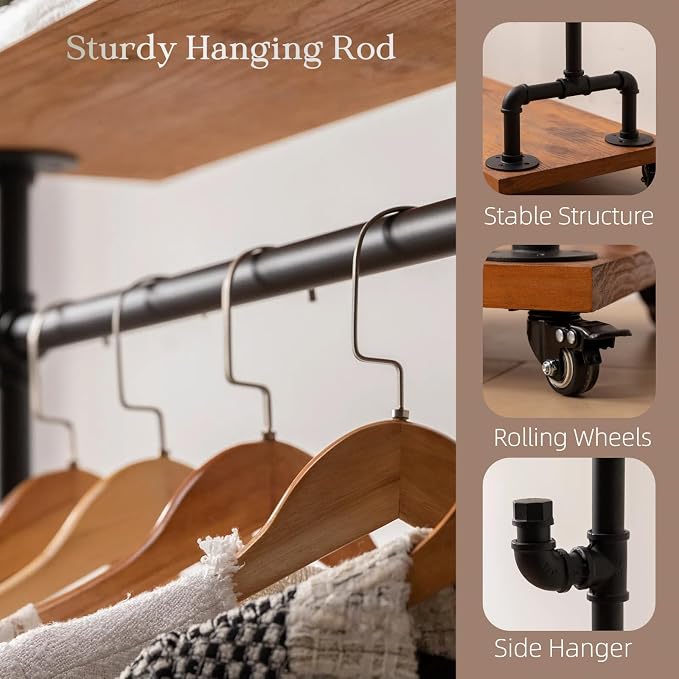 Industrial Pipe Clothing Racks, Rolling Garment Racks, Hall Tree on Lockable - Image 5