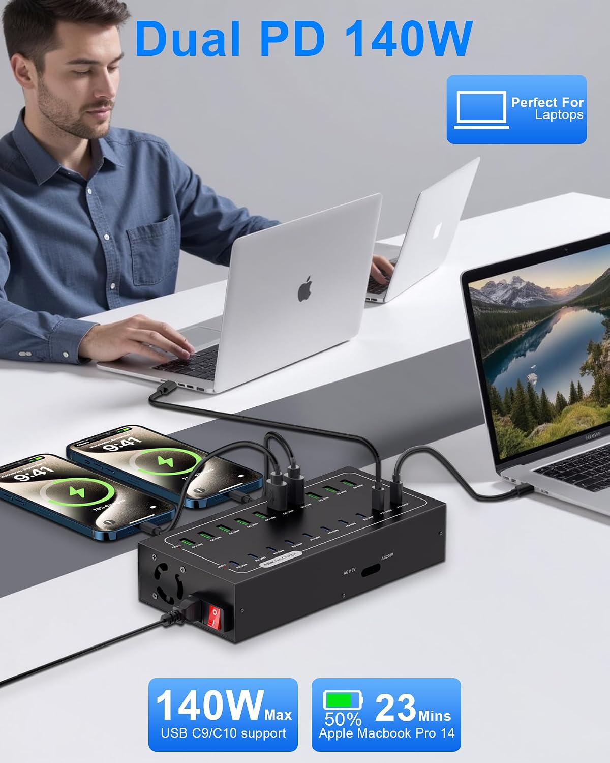 20 Port 770W USB Charging Station, Dual PD-140W USB C Charger Block