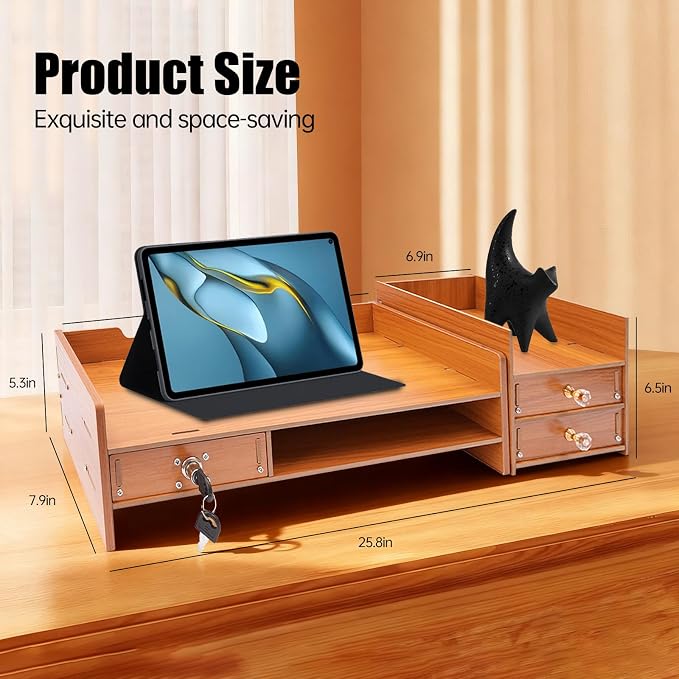 Wood Monitor Stand Riser with 3 Drawers & Lockable Storage – Desktop Organizer - Image 5