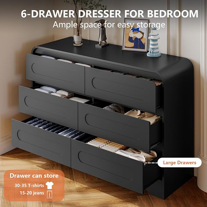 Black Dresser, Modern 6 Drawers Dressers & Chest of Drawers - Image 4