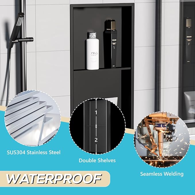 Stainless Steel Shower Niche 24" X 12", No Tile Needed Wall Niche Double Shelves - Image 5