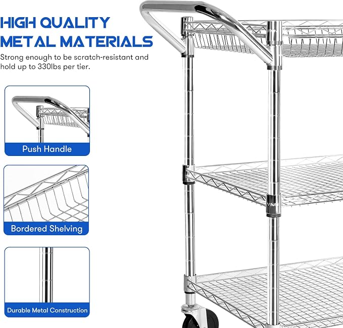 YNN Chrome Utility Rolling Cart, 990Lbs 3 Tier Heavy Duty Metal Cart - Image 4