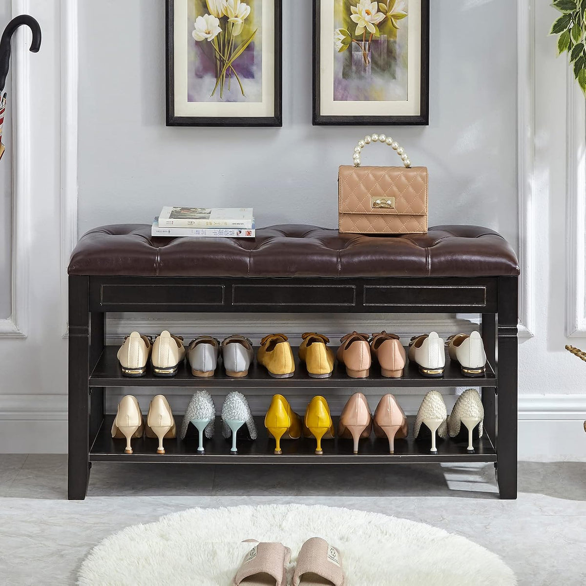 LEILISI Shoe Bench, Storage Rack Organizer with Cushion 2 Tier Lift