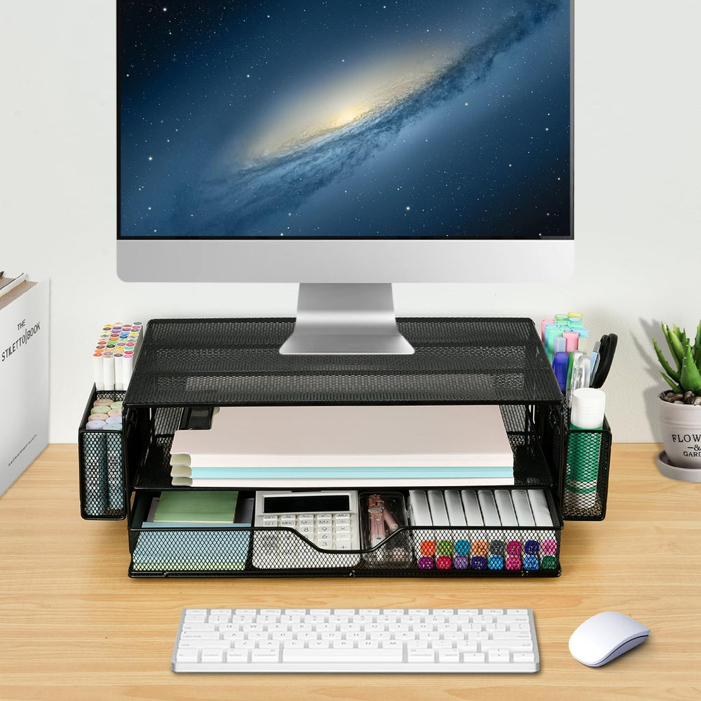 2 Tier Computer Monitor Stands with Drawer and 2 Pencil Holder, Metal